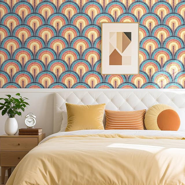 Detalle 2 de Livelynine selbstklebende Tapete Boho mit geometrischem Muster – Rot, Petrol & Gelb (44,5 cm x 7 m)