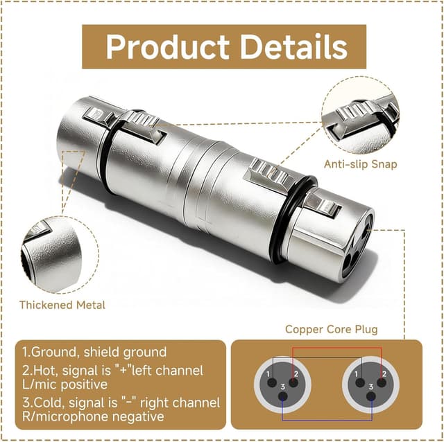 Detalle de UIHRLM 2PCS 3-pin XLR female-to-female adapter/coupler (XLR coupler) for microphоne and audio connections