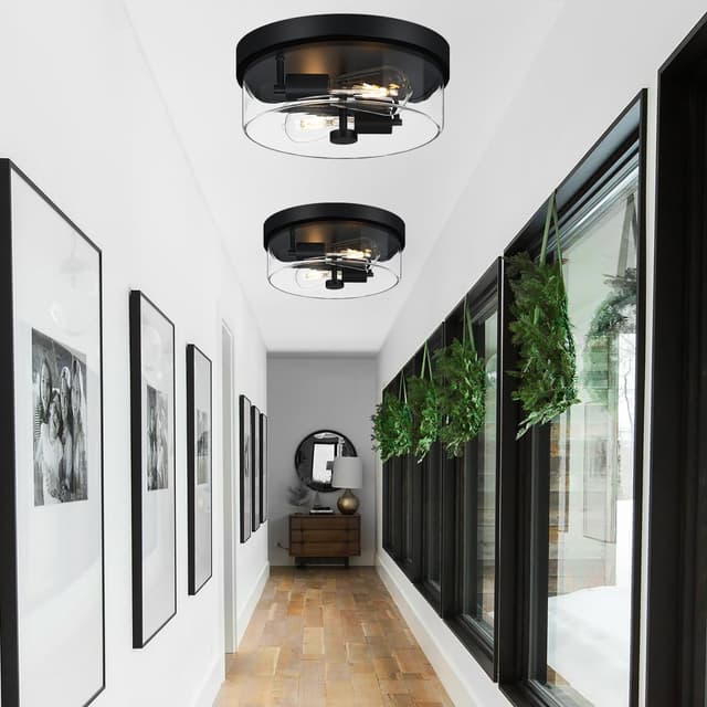 Detalle 2 de szzgco 2-Light Black Flush Mount Ceiling Light with Clear Glass Shade (Farmhouse/Industrial Style)