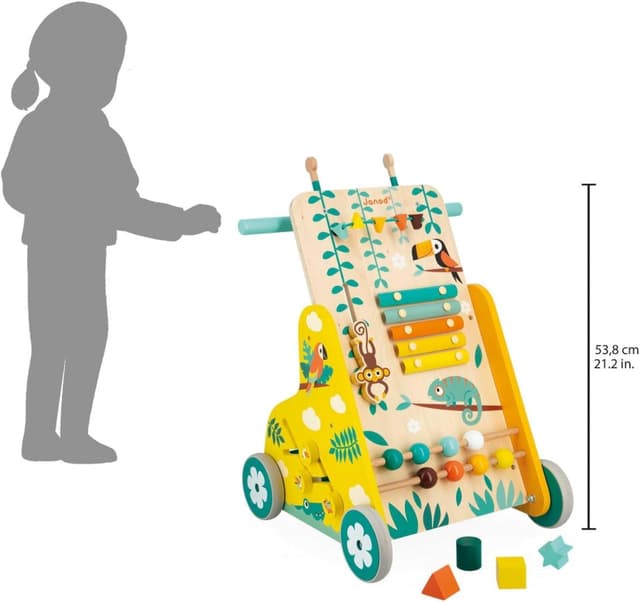 Detalle de Janod Carrello Multiattività Tropik J8269 in legno FSC con 6 attività per primi passi