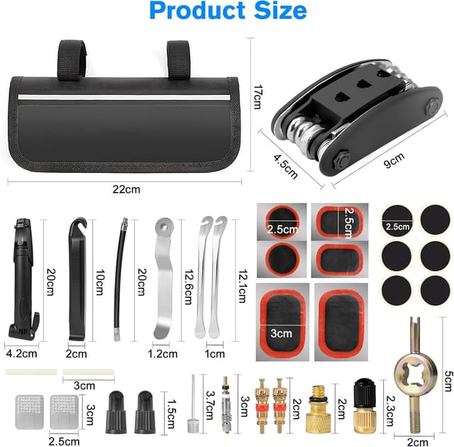Detalle 2 de Carehabi 39 PCS Kit de réparation de vélo (crevaison) avec outil 16 en 1 et mini-pompe 120 PSI