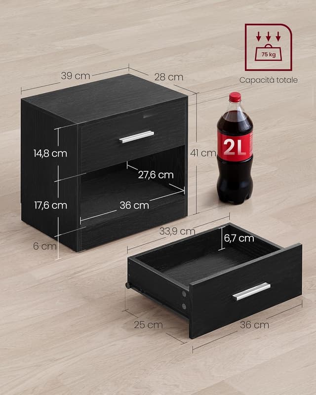 Detalle de VASAGLE LET619T56 comodino con cassetto nero classico, tavolino da camera da letto e soggiorno