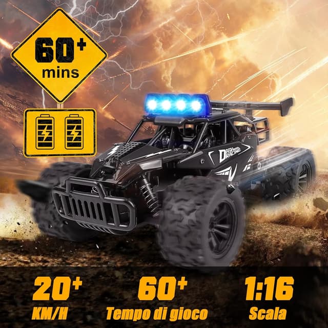Detalle 2 de Joellfuner Monster Truck 1:16 radiocomandato 2,4 GHz con luci LED (nero) – fino a 20 km/h, per bambini 3+