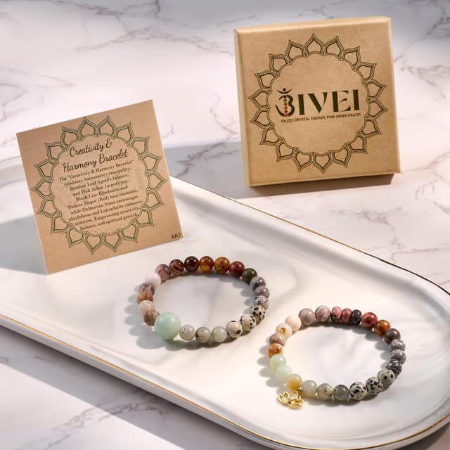 Detalle de Bivei set bracciali in pietra naturale Cristallo verde con charm loto, perline 8 mm (lotus chakra) elastici