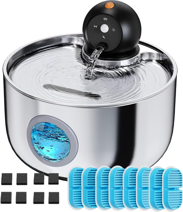 Detalle de Kabellos Trinkbrunnen für Katze mit Bewegungsmelder, Edelstahl, 2,6 l und 16 Filter (batteriebetrieben, 3 Modi)