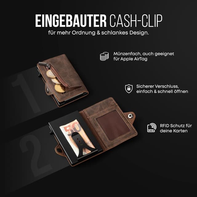 Detalle de CARD Nine! Clip Wallet mit RFID-Schutz – Slim Cash Clip Geldbörse mit Münzfach (Dunkelbraun)