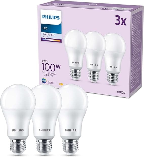 Detalle de Philips A60 - Pack 3 Bombillas LED E27 Luz Fría