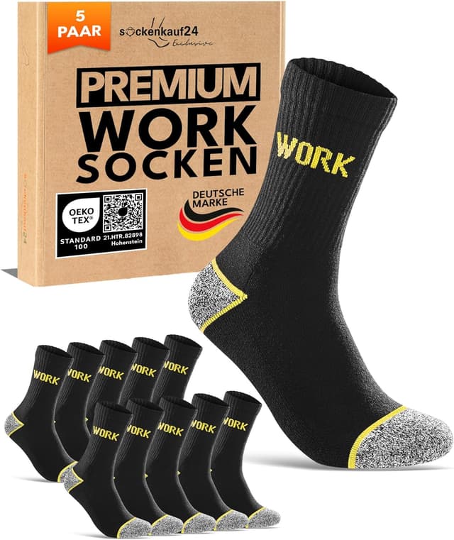 Detalle de Premium Arbeitssocken Herren WORK (5 Paar) – verstärkt, gepolsterte Sohle, Komfortbund ohne drückende Naht