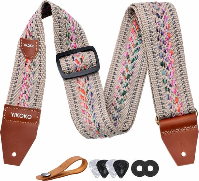 Detalle de YIKOKO Gitarrengurt mit Vollnarbenlederenden, 5,1 cm Breite – Baumwolle für Bass-, E- und Akustikgitarre