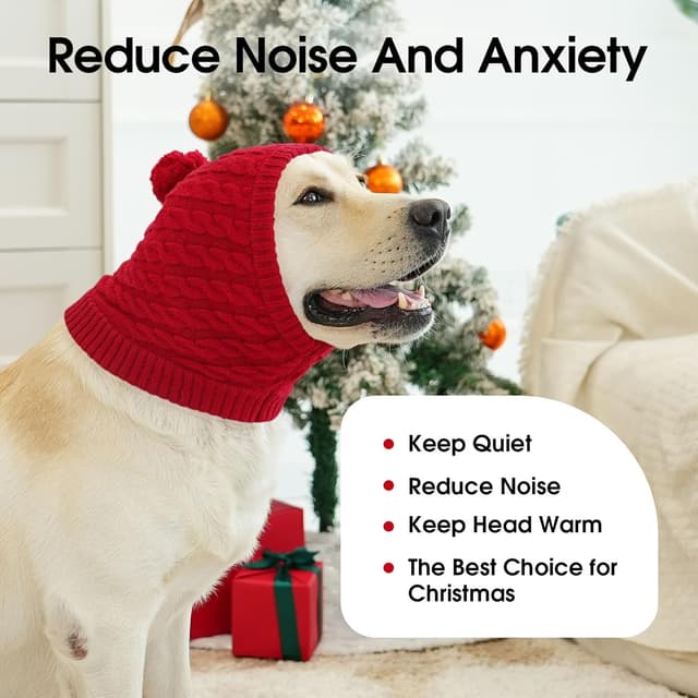 Detalle de CITÉTOILE Weihnachtsmütze für Hunde – gestrickte Santa-Mütze mit Zopfmuster und Bommel (Rot, L)