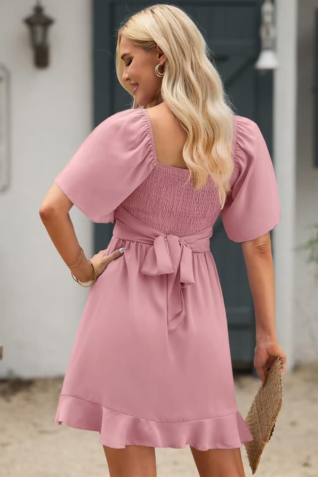 Detalle 2 de Dokotoo Women’s Wrap V-Neck Tiered Mini Dress with Smocked Back & Elastic Waist