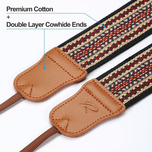 Detalle de Padwa Lifestyle Speed Red Embroidered Camera Strap (2" wide) – Universal cowhide & cotton strap for DSLR and mirrorless