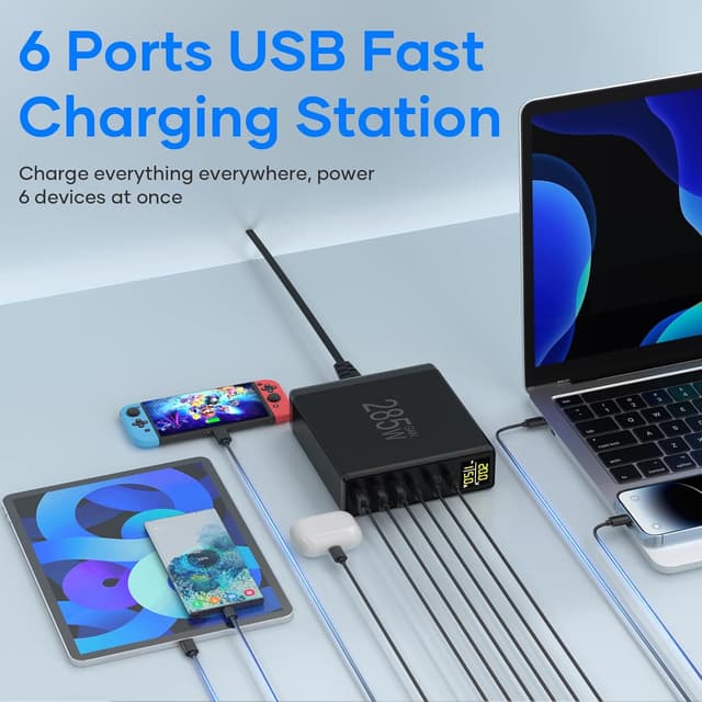 Detalle de YSYFAD 285W caricatore USB-C multiplo 6 porte con display LED e tecnologia GaN