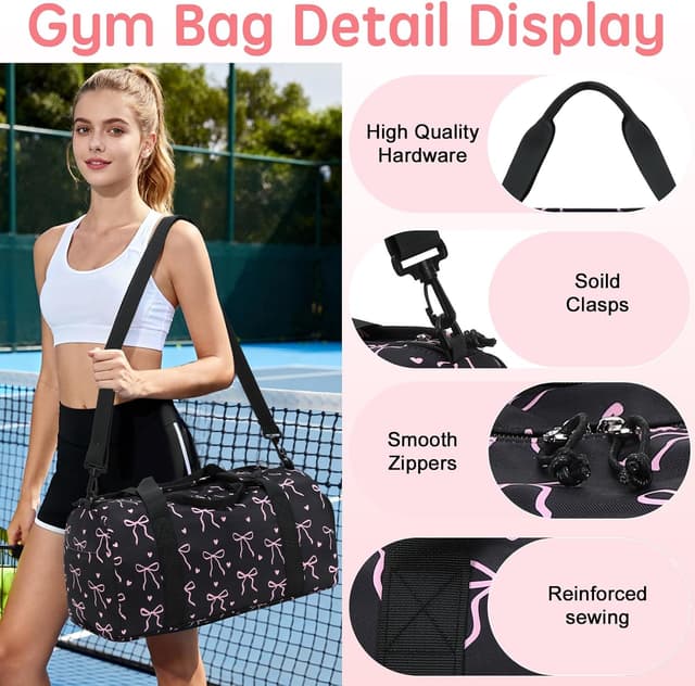 Detalle de LOIDOU Sporttasche Reisetasche mit großem Schuhfach & Nassfach – Schwarz/Rosa (Herz + Bogen)