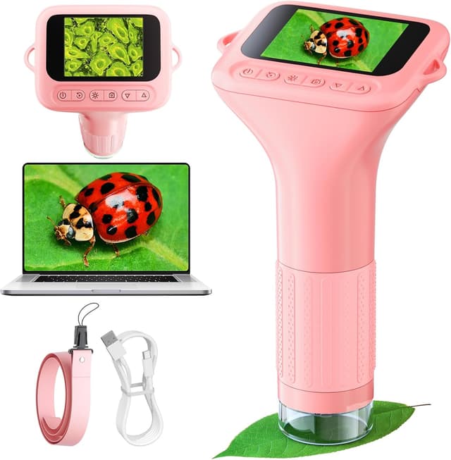 Detalle de Odatay Kids Digital Microscope (100X–1000X) with 1080P Camera, 12 Slides, Pink