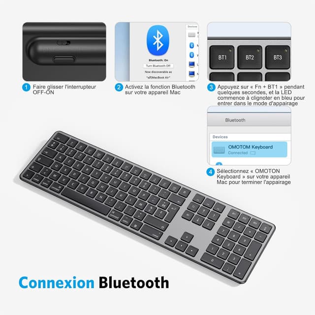 Thumbnail 6 de OMOTON Clavier Bluetooth sans fil pour Mac AZERTY français rechargeable à 3 canaux (gris foncé)
