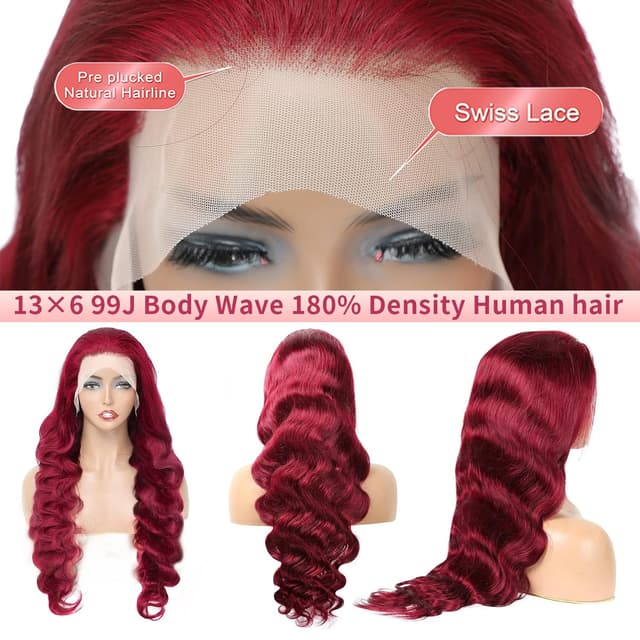 Thumbnail 4 de 30-Inch Burgundy 13x6 Lace Front Wig (99J) Body Wave Human Hair, 180% Density