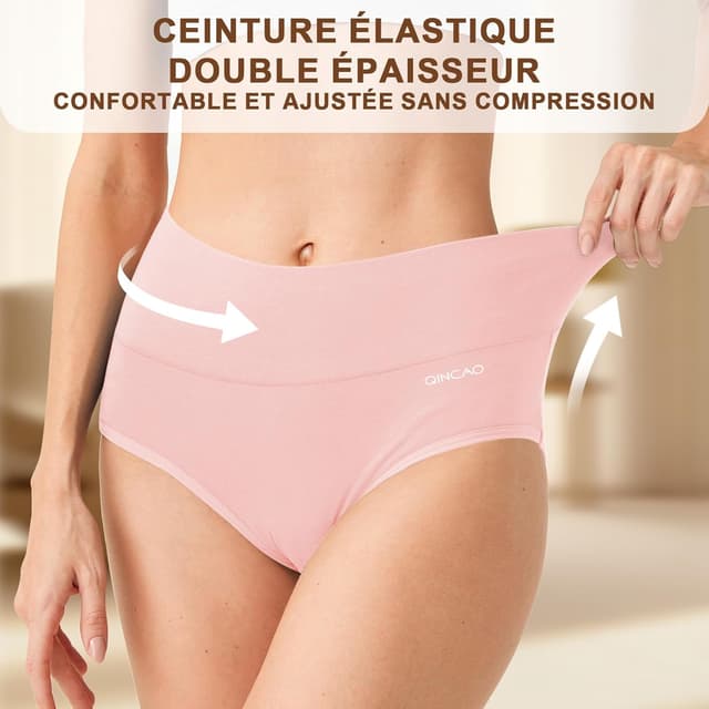 Detalle de Pack de 6 culottes femme QINCAO à taille haute en coton élastique