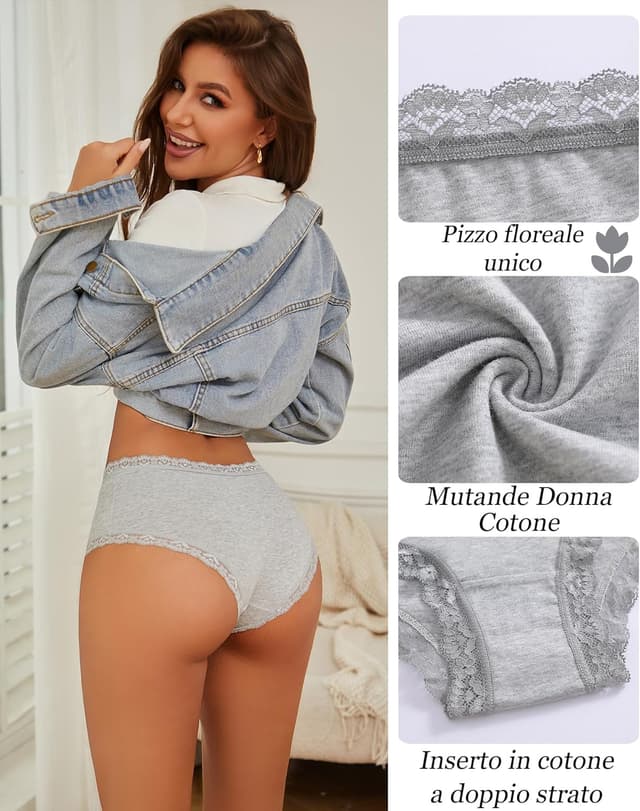 Detalle 2 de ALL OF SHE confezione da 6 mutande donna in cotone (slip brasiliana in pizzo), vita media, traspiranti S-XXL