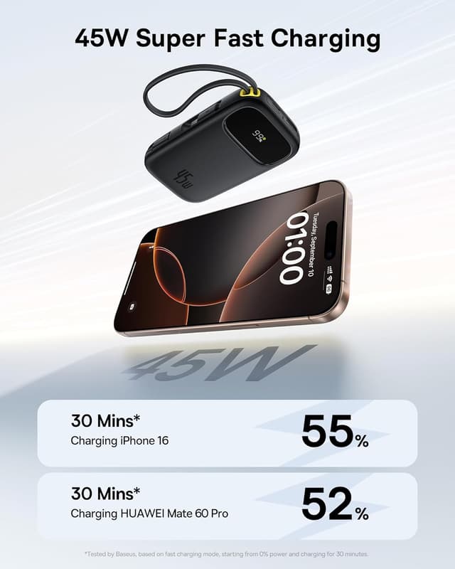 Detalle de Baseus Qpow3 20000mAh 45W power bank with integrated USB-C cable (PD3.0/PPS fast charging)