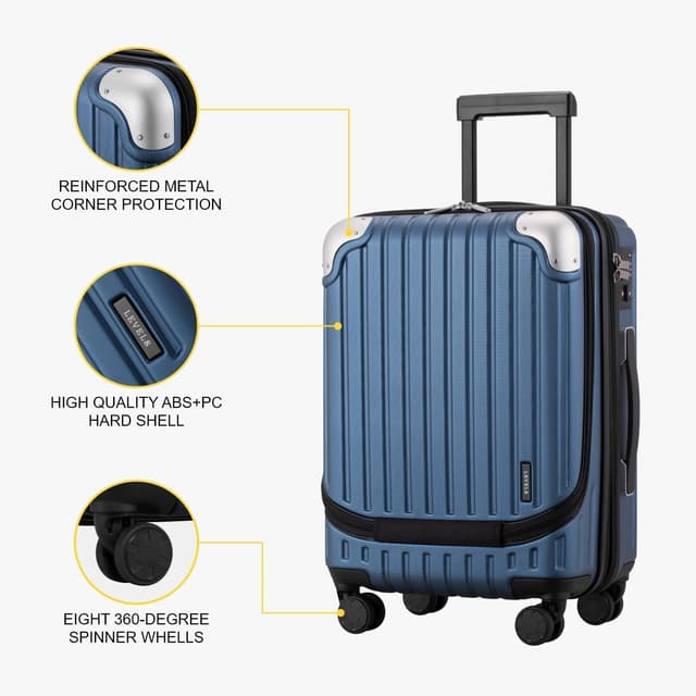 Detalle de LEVEL8 Cabin Suitcase 20-Inch Carry on Luggage (ABS+PC Hardshell) with Laptop Compartment, TSA, 4-Wheel Spinner Trolley – Blue