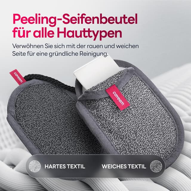 Detalle 2 de Seifenspender-Tasche mit Rauer & Sanfter Peeling-Oberfläche – Netzbeutel mit Griff, 2er Pack