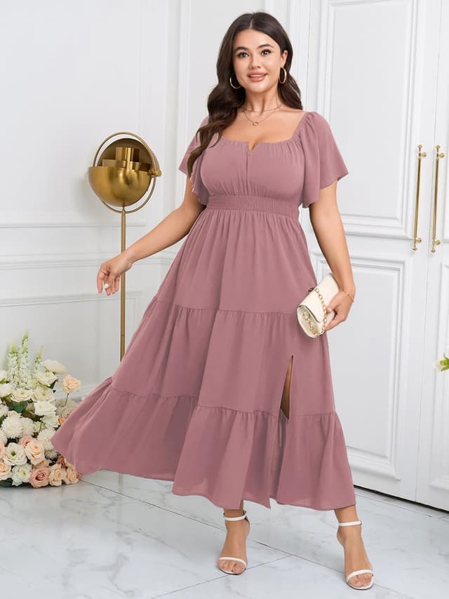 Detalle de SCOMCHIC Women’s Plus Size Maxi Dress with Square Neck & Smocked Side Split