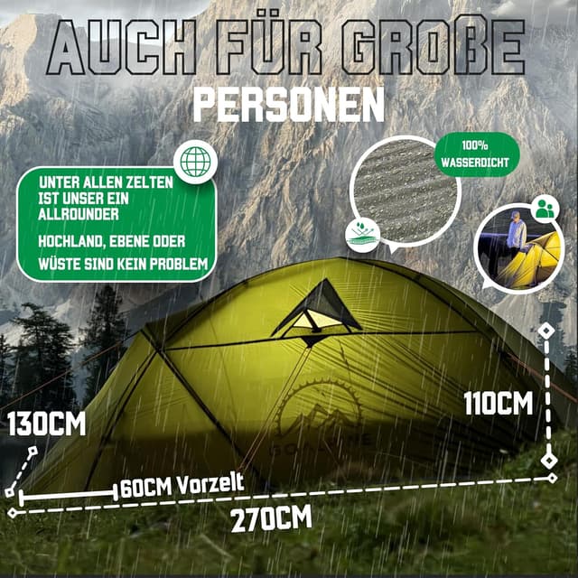 Detalle de GOALPINE® Zelt für 1–2 große Personen – wasserdicht (4000 mm), ultraleicht & kleines Packmaß für Touren