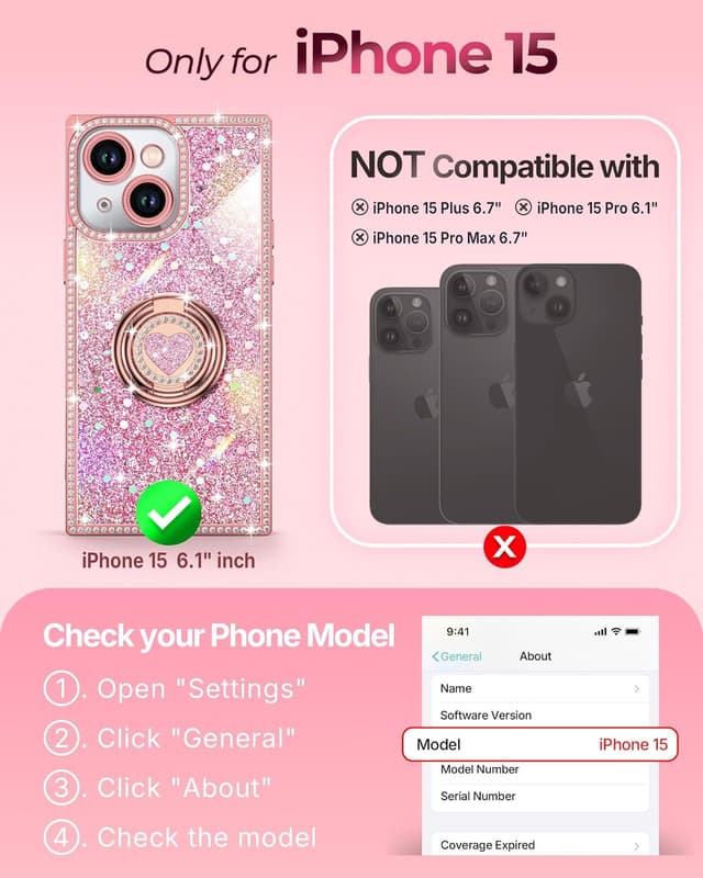 Detalle 2 de XYZ Glitter Bling Case for iPhone 15 (6.1-inch) with 2-Ring Heart Stand & Lanyard, Pink