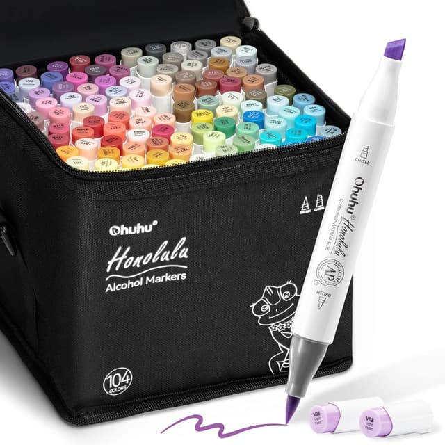Detalle de Ohuhu Alcohol Markers Brush Tip 104-Colour Double-Tipped Set (Brush & Chisel) with Blender