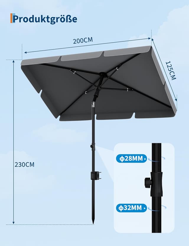 Detalle de GarveeHome Balkon-Sonnenschirm 200x125 cm mit Schirmhülle, UV50+ anthrazit – rechteckig, knickbar & höhenverstellbar