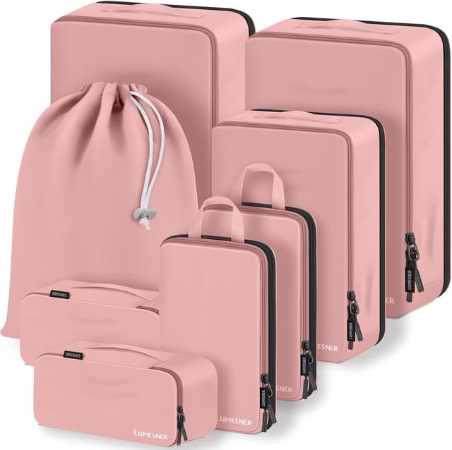 Detalle de Lumesner Compression Packing Cubes – 8-piece travel essentials set for carry-on suitcases (Pink)