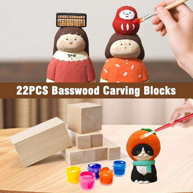 Detalle de Schnitzholz Linde 22er-Pack Holzklötzchen (3 Größen) zum Schnitzen & Basteln