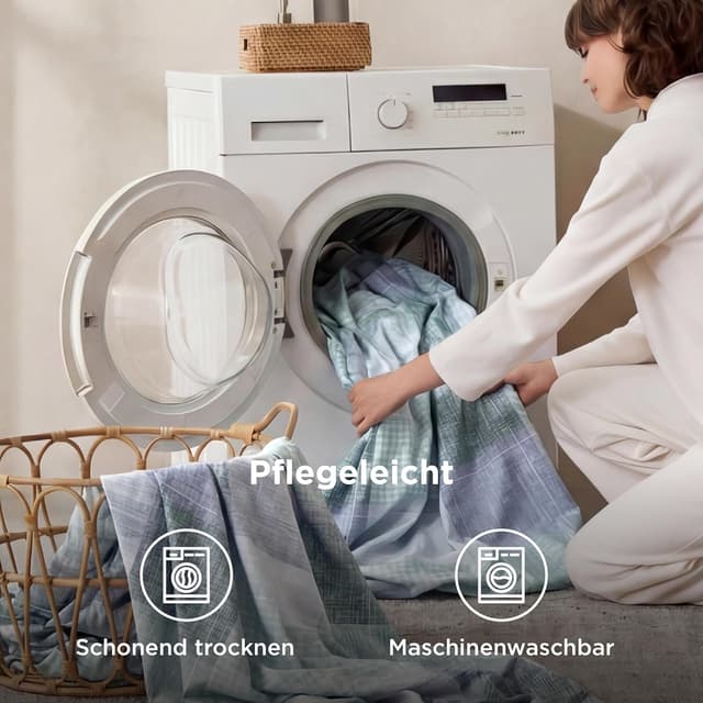 Detalle de BEDSURE Wendebettwäsche 135x200 (2-teilig) mit Kissenbezug 80x80 – Blaues Buffalo-Karo mit Reißverschluss