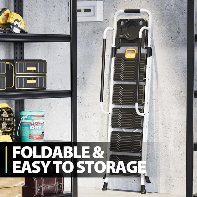 Thumbnail 6 de KINGRACK Folding 5-Step Ladder Step Stool with Safety Lock (800 lbs Capacity) – White