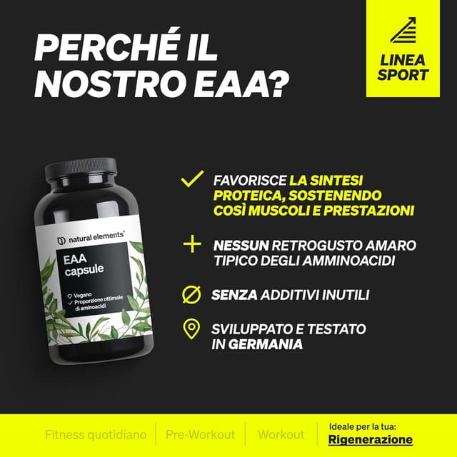 Detalle de Capsule EAA ad alto dosaggio Natural Elements – 300 capsule (vegane, senza additivi inutili)