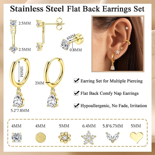 Thumbnail 5 de ZELORES 9 Pairs Flat Back Stud Earrings 20G
