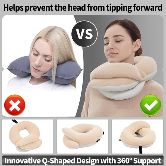 Detalle de BUYUE Travel Neck Pillow for Airplanes with 360° Support and Travel Kit (3D eye mask, earplugs) – Beige, large