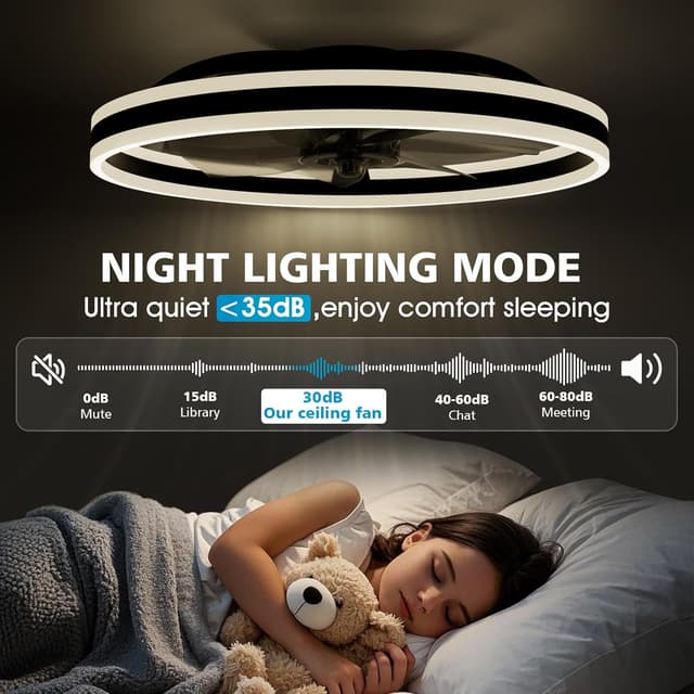 Detalle de NIORSUN 60cm Smart LED Ceiling Fan with Lights and Remote (6 Speeds, Dimmable 3000K–6500K) — Black