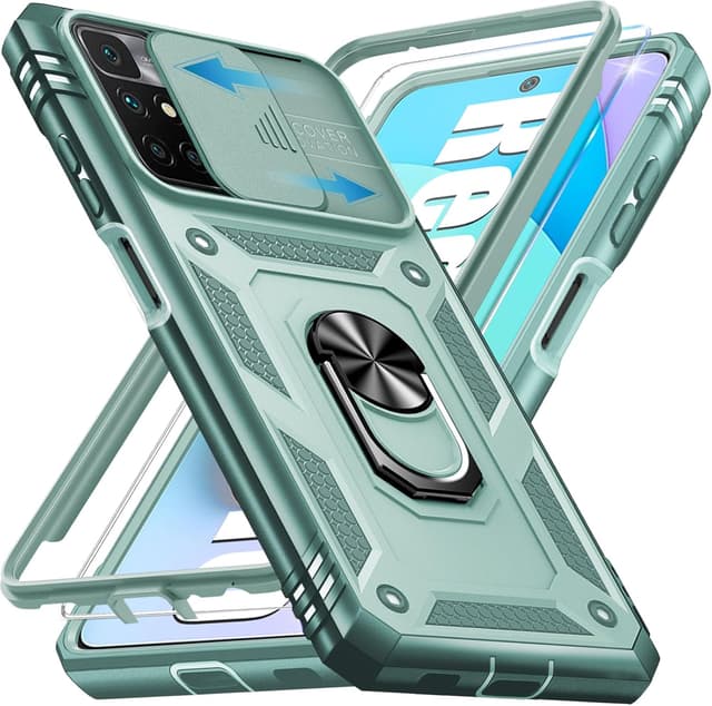 Detalle de Giyer Handyhülle für Xiaomi Redmi 10 mit Schutzfolie – stoßfestes Case mit Kameraschutz, 360° Metallring und Ständer (Minzgrün)