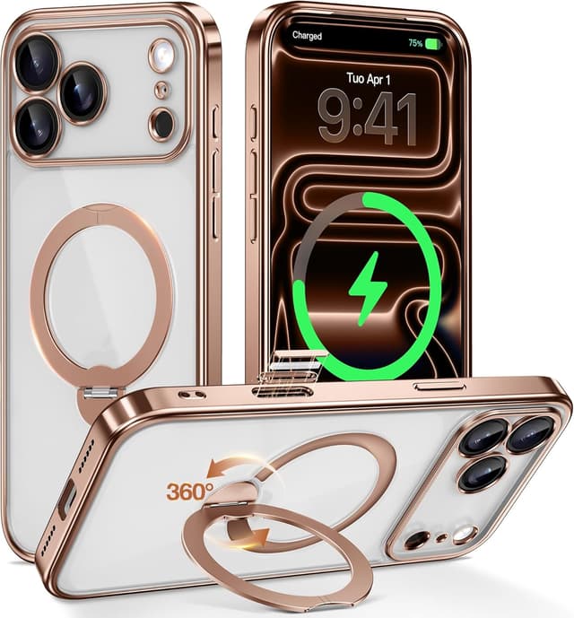 Detalle de GolbinBox iPhone 17 Pro Max Case with 360° Spin Magnetic Stand, MagSafe Compatible (Rose Gold/Clear)