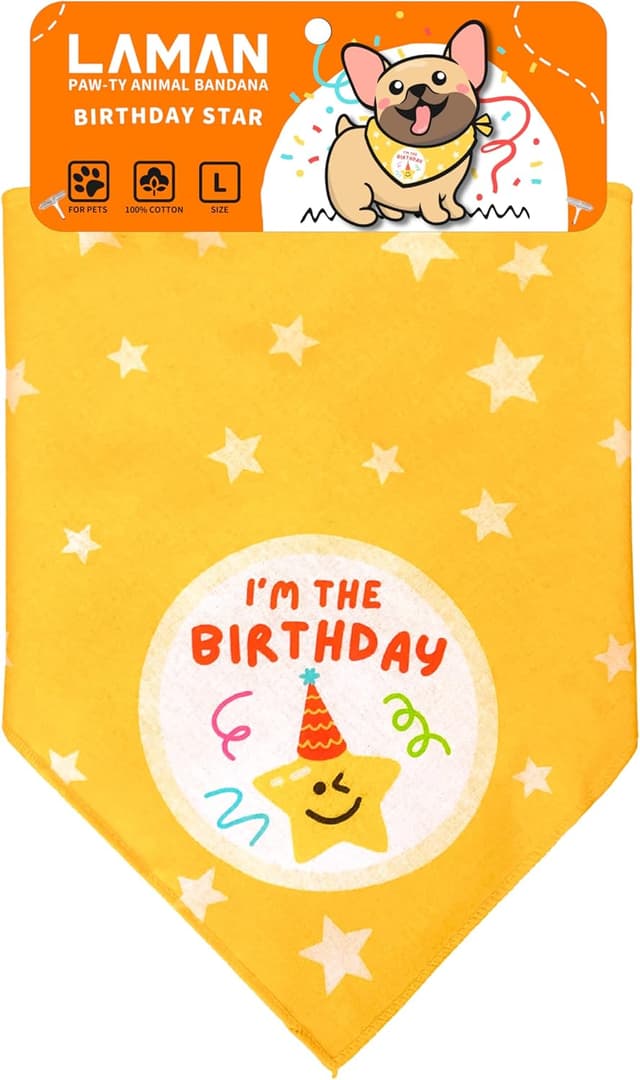 Detalle de LAMAN Pawty Animal Reversible Dog Birthday Bandana (100% Cotton) – Birthday Star, Size L