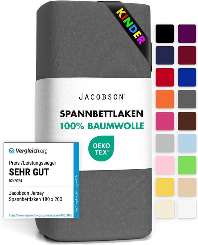 Detalle de Jacobson BASIC Jersey-Spannbettlaken aus Baumwolle (60x120–70x140 cm) in Anthrazit