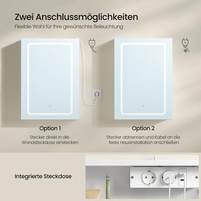Detalle de EUGAD Spiegelschrank für kleine Badezimmer mit 1 Spiegeltür, 3 Farbtemperaturen & Steckdosen (50 x 70 x 14,5 cm) – Weiß