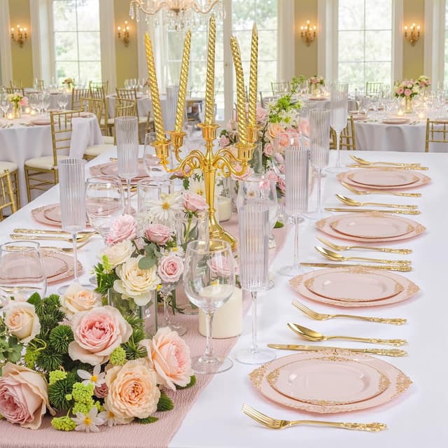 Detalle de Joyido 200PCS Pink and Gold Disposable Plates Set for Weddings, Bridal Showers, and More