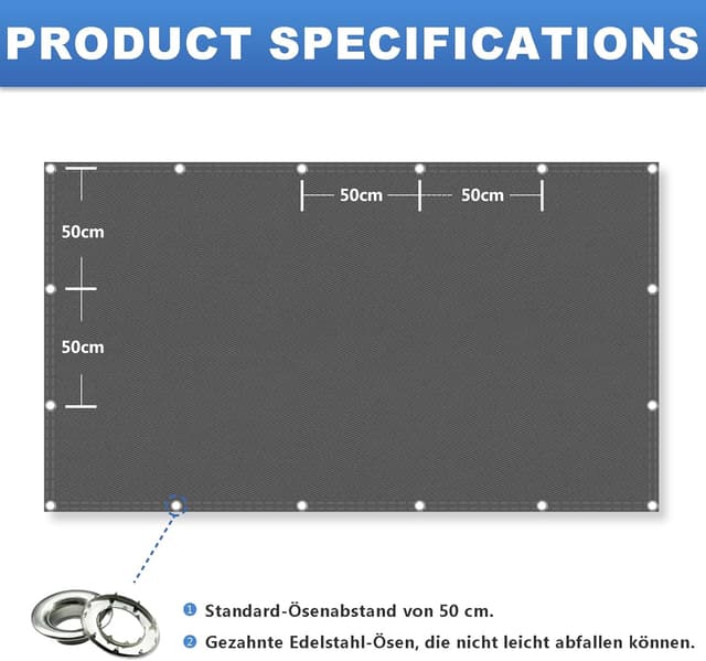 Detalle de Sonnenschutz Netz Balkonumrandung 95% UV Schutz: wasserdichtes Sonnensegel mit Ösen (2x2 m), Dunkelgrau