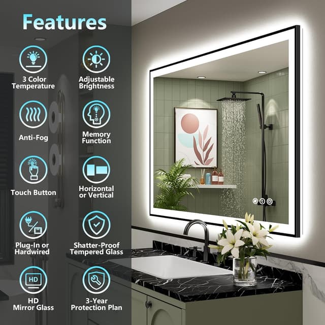 Detalle 2 de AWANDEE 40x36 Black Framed LED Bathroom Mirror with Lights (Anti-Fog, Dimmable, Memory)