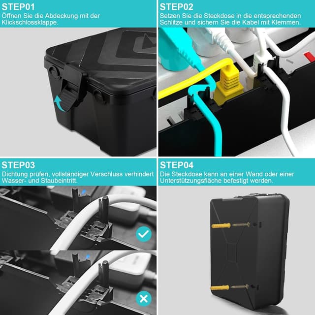 Thumbnail 6 de Mycketop wasserdichte Outdoor-Kabelbox (extra groß) mit 7 Kabeleingängen für Gartenpumpe & Außenstrom, schwarz