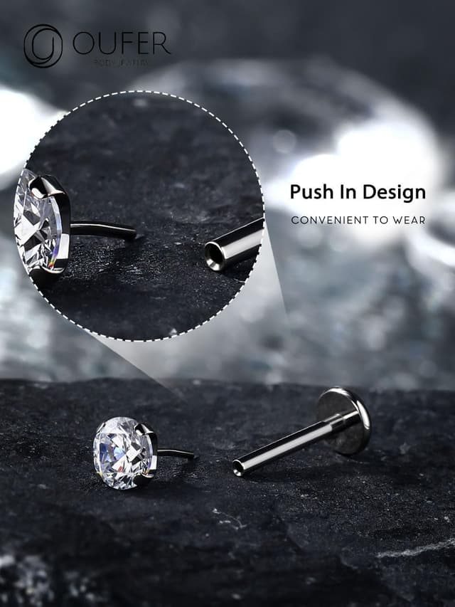 Detalle de OUFER Labret piercing push-in en titane 18G avec pointe CZ transparente (filetage sans, modèles Helix/Tragus/Lèvre)