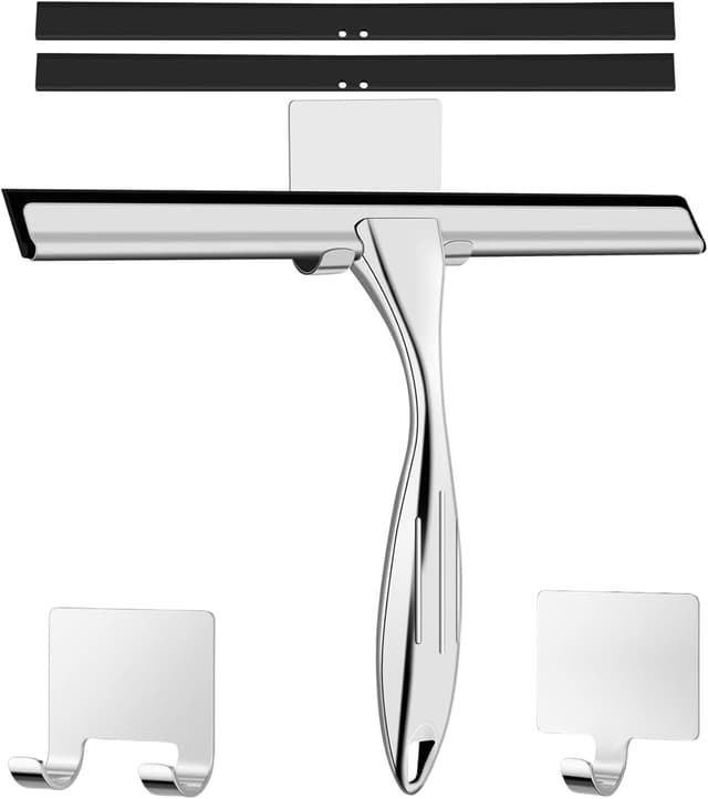 Detalle de Duschabzieher Edelstahl 25 cm mit 2 Ersatzgummiabziehern – Abzieher für Dusche, Spiegel & Fliesen